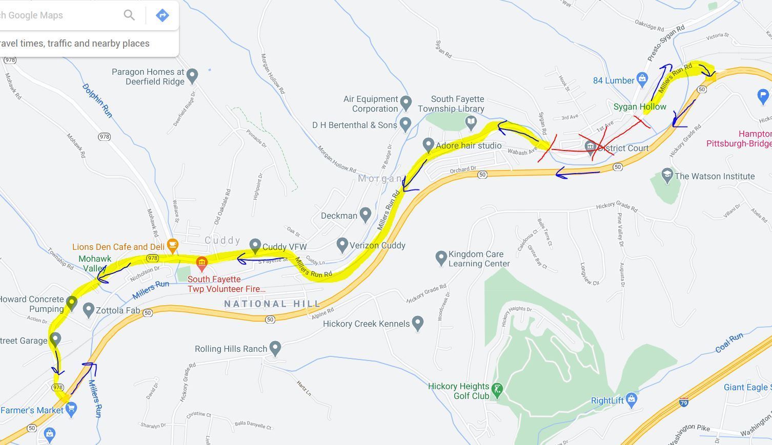 Millers Run Detour Map Oct 2020