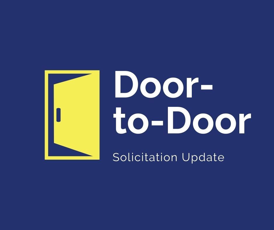 Door to Door Solicitation Update with yellow door and navy background