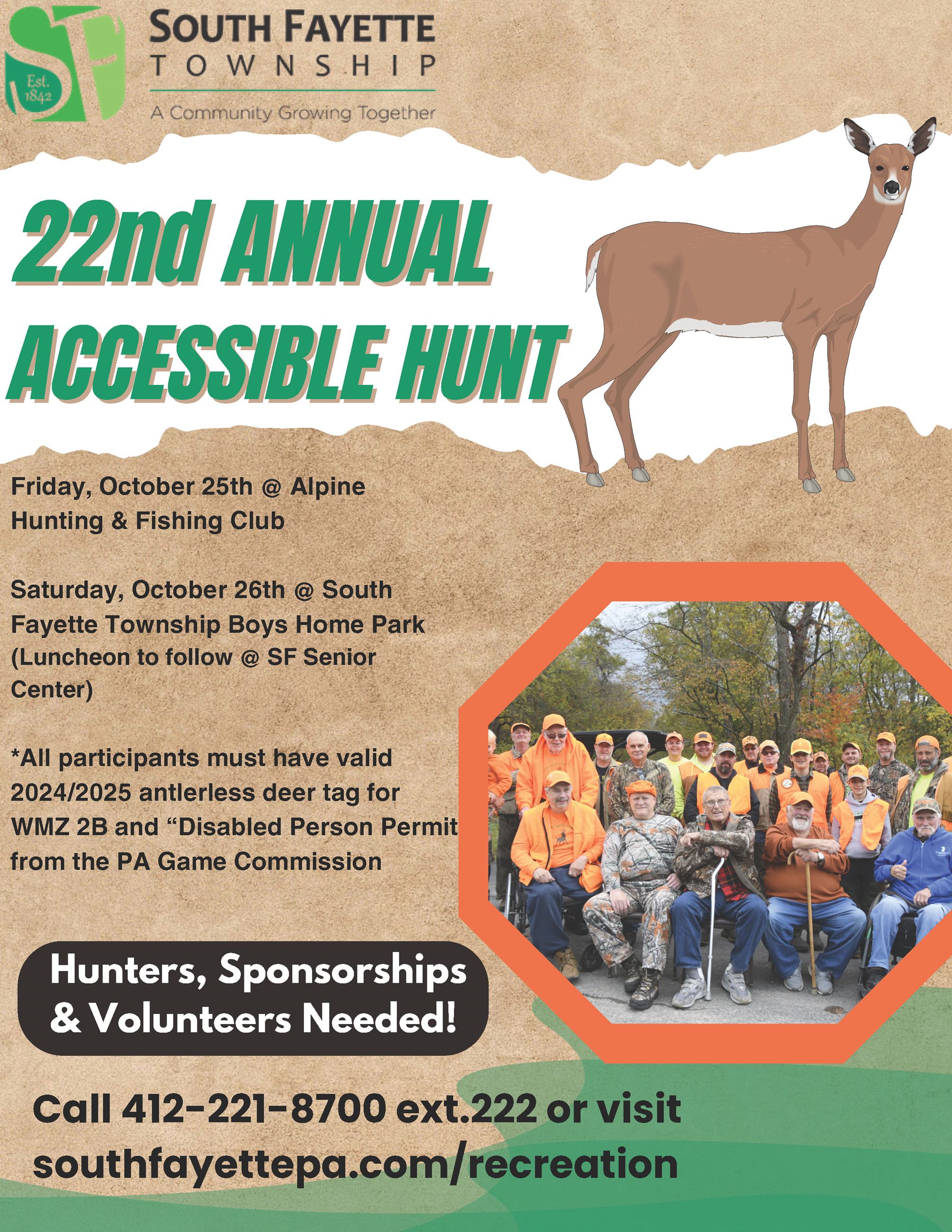 2024 Accessible Hunt Flyer with photo of hunters and volunteers